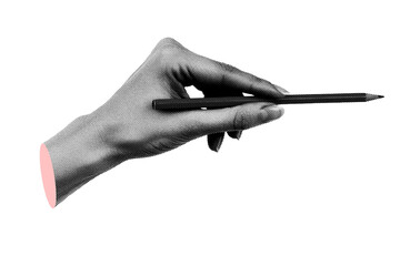 Trendy hand holding a pencil, abstract cutout hand halftone collage element for design montage