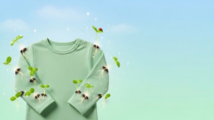 Sustainable fashion concept with green shirt and growing seedlings