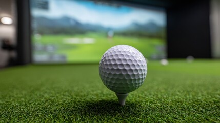 Close-up of a white golf ball on a tee inside a high-tech indoor golf simulator facility