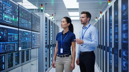 Computer database technology success cloud deep teamwork system hardware concept administrator female male laptop network working server technician cabinet engineer holding industry information