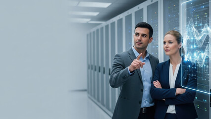 Advantage occupation service executive computer database technology success cloud deep teamwork system hardware concept administrator female male laptop network working server technician cabinet