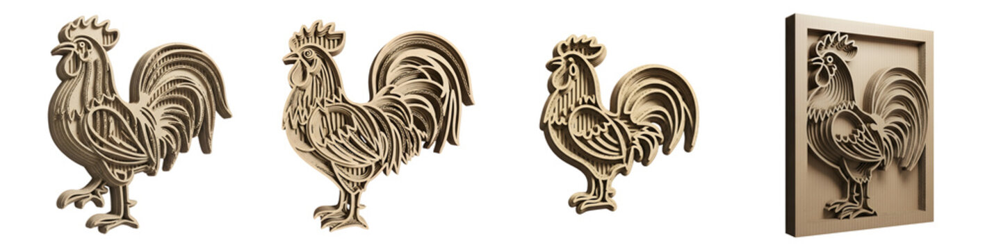 Four views of a rooster sculpture made from stacked lasercut layers of beige material three freestanding and one framed