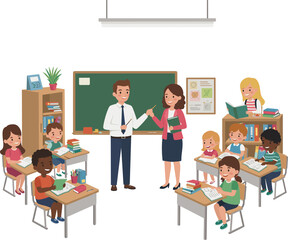 Classroom scene illustration, teacher with students, school education art, learning environment design, academic teaching concept, study artwork