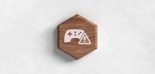 Gaming Spiele Konsole Controller Header mit Warnung Achtung Vorsicht technisches Problem Videospiel Unterhaltung Holz Icon Illustration © sh99