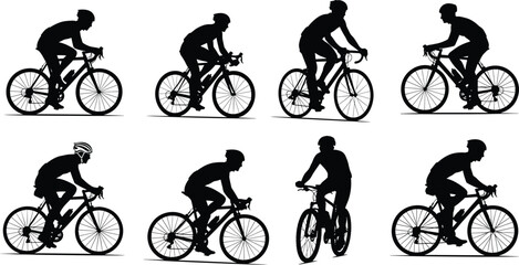 Fototapeta premium Cyclist silhouettes collection showing road cycling riding poses isolated on white background bicycle sport fitness action illustration vector set