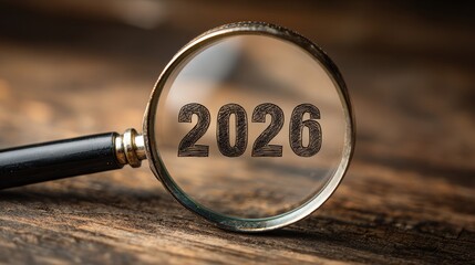 Magnifying glass focusing on the year 2026 on a rustic wooden surface, representing future vision and business planning