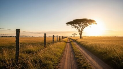 Dirt road through golden field at sunset with fence and trees