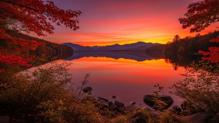 Vibrant sunset over serene lake surrounded by autumn foliage