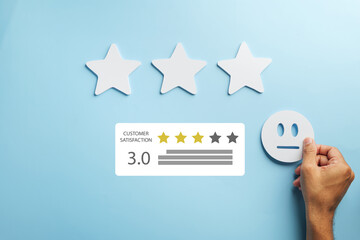 Customer feedback survey displays neutral satisfaction rating, hand positions straight face icon for service experience review, three star concept on blue background