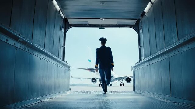 Commercial airline pilot walking through jet bridge towards airplane