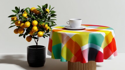 Colorful checkered tablecloth draped over a round table, accompanied by a potted lemon tree and a white cup, creating a vibrant and inviting dining atmosphere with copy space
