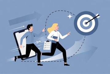  Business Team Pursuing Goals with Smart Technology and Charts on a Blue Background