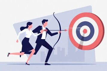 Business Partners Aiming for Success Together with Archery Symbolizing Goals and Targets in a Modern Professional Setting