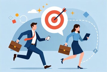 Business professionals in formal attire chasing success with briefcases, smartphones, and target symbol in office environment