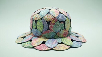 Vibrant leaf covered hat with colorful overlapping design