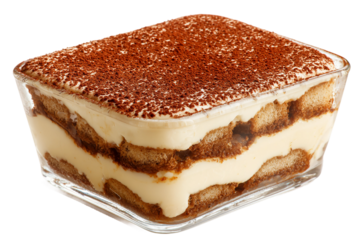 Classic tiramisu dessert served in glass container isolated on transparent background