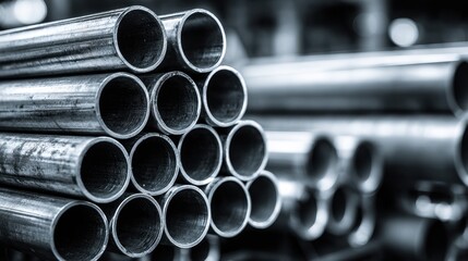 Close-up of stacked industrial steel pipes in a warehouse facility