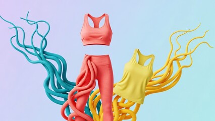 Vibrant athletic wear set with dynamic colorful fabric flows