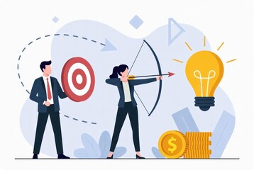 Business Strategy Concept Featuring Archery, Target, Idea Light Bulb, and Money Symbols for Success and Achievement Representation
