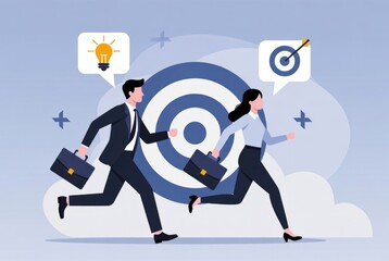 Business Professionals Running Towards Success with Target and Ideas Illustrations on a Soft Background