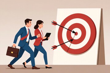 Business professionals aiming for success with arrows targeting a bullseye on a background representing goals and achievements in corporate environment