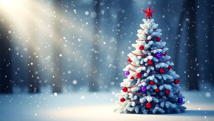 Obraz premium A snowy christmas tree in a winter wonderland scene