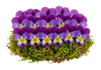 Purple violas arrangement nature floral display green moss base isolated on transparent background