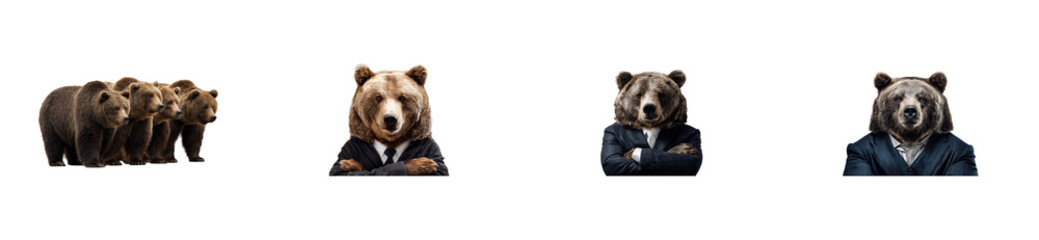 Fototapeta premium Powerful imagery of wild brown bears alongside sophisticated business bears in suits symbolizing market trends, financial strategies, and investment concepts for corporate use