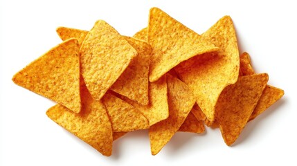 Pile of crunchy corn tortilla chips isolated on white background