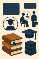 Educational Illustration with Books, Graduation Cap, People Icons, and Communication Symbols for Learning and Development Concepts