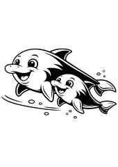 Mother and baby dolphins swimming together vector line art, black and white illustration for engrave, laser engrave and nursery decor