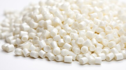 White plastic pellets or resin granules for industrial manufacturing isolated on white background