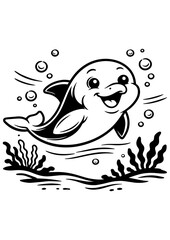 Cute dolphin smiling underwater among seaweed vector line art, black and white illustration for engrave, laser engrave and kids decor