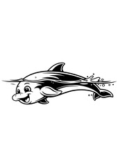 Cute dolphin swimming on waves vector line art, black and white illustration for engrave, laser engrave and kids decor