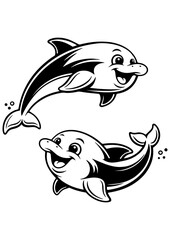 Two playful dolphins swimming in a circle vector line art, black and white illustration for engrave, laser engrave and kids decor