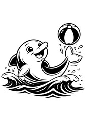 Cute dolphin playing with ball on waves vector line art, black and white illustration for engrave, laser engrave and kids decor.