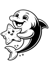 Cute dolphin holding starfish vector line art, black and white illustration for engrave, laser engrave, kids decor and creative projects