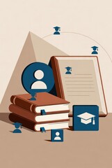 Educational resources with books, graduation icons, and user profiles representing learning and academic achievement in a modern style