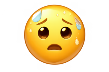 Yellow emoji face expressing stress, fear, and nervousness, perspiring profusely with sweat droplets on a transparent background