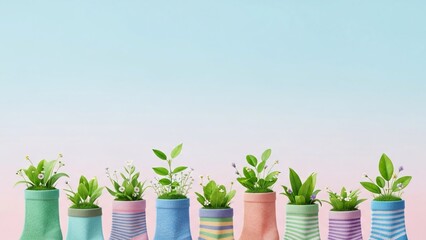 Colorful plants in creative sweaters on pastel background
