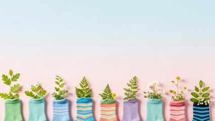 Colorful plants in knitted socks on pastel background