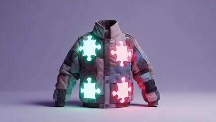 Stunning futuristic jacket with glowing puzzle pieces on purple background