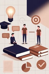 Creative Learning Environment with Books, Light Bulb, and Students Engaging in Thoughtful Discussion and Study