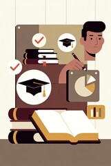 Educational Illustration Featuring Books, Graduation Caps, and Data Visualization Elements for Learning and Academic Growth