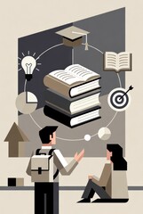 Educational Concepts with Books, Light Bulb, Target, and Graduation Cap in Minimalist Style for Learning and Knowledge Advancement