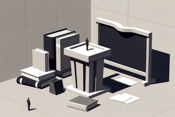 Abstract Representation of Knowledge and Learning with Books, Podium, and Chalkboard in Minimalist Design