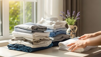 Clean folded laundry and lavender flowers near a bright sunny window