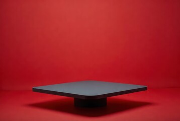 Minimalist display platform on a vibrant red background for product showcasing in contemporary design, advertising, and artistic presentations