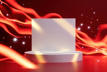Vibrant Stage with Red Waves and Stars for Show Presentation, Event or Exhibition, Empty Display Space for Branding or Promotion