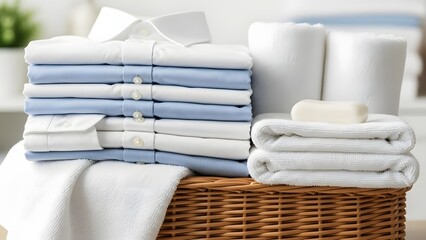 Clean folded laundry and paper towels in a woven basket